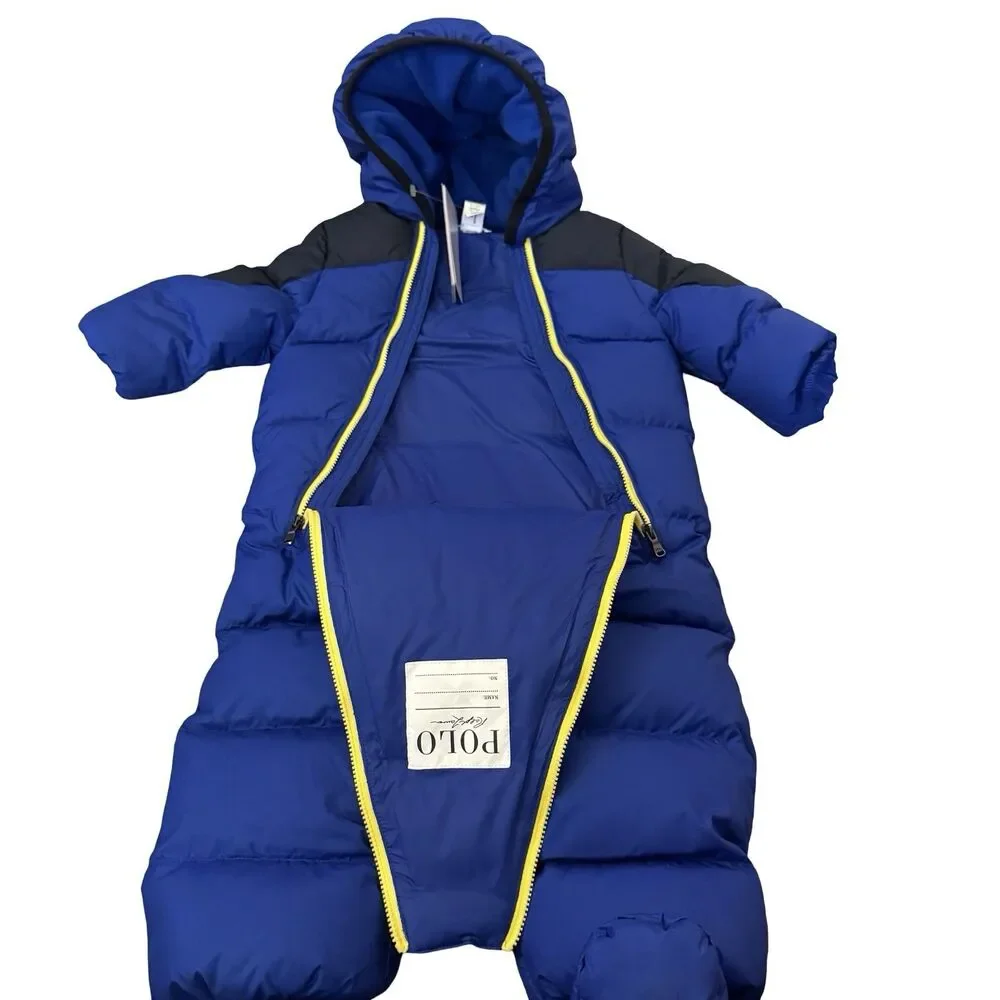 NWT Ralph Lauren Baby Snowsuit Blue, Hooded, 9 Months $195 Yellow‎ Pony